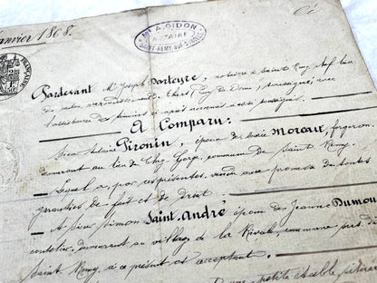 Mid 19th century French Notarial Act, dated 1868, featuring handwritten script and official stamps.