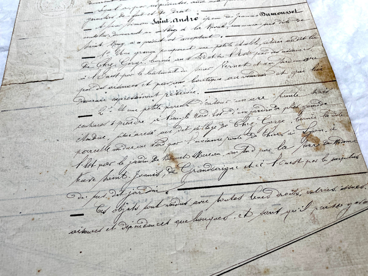 Mid 19th century French Notarial Act, dated 1868, featuring handwritten script and official stamps.