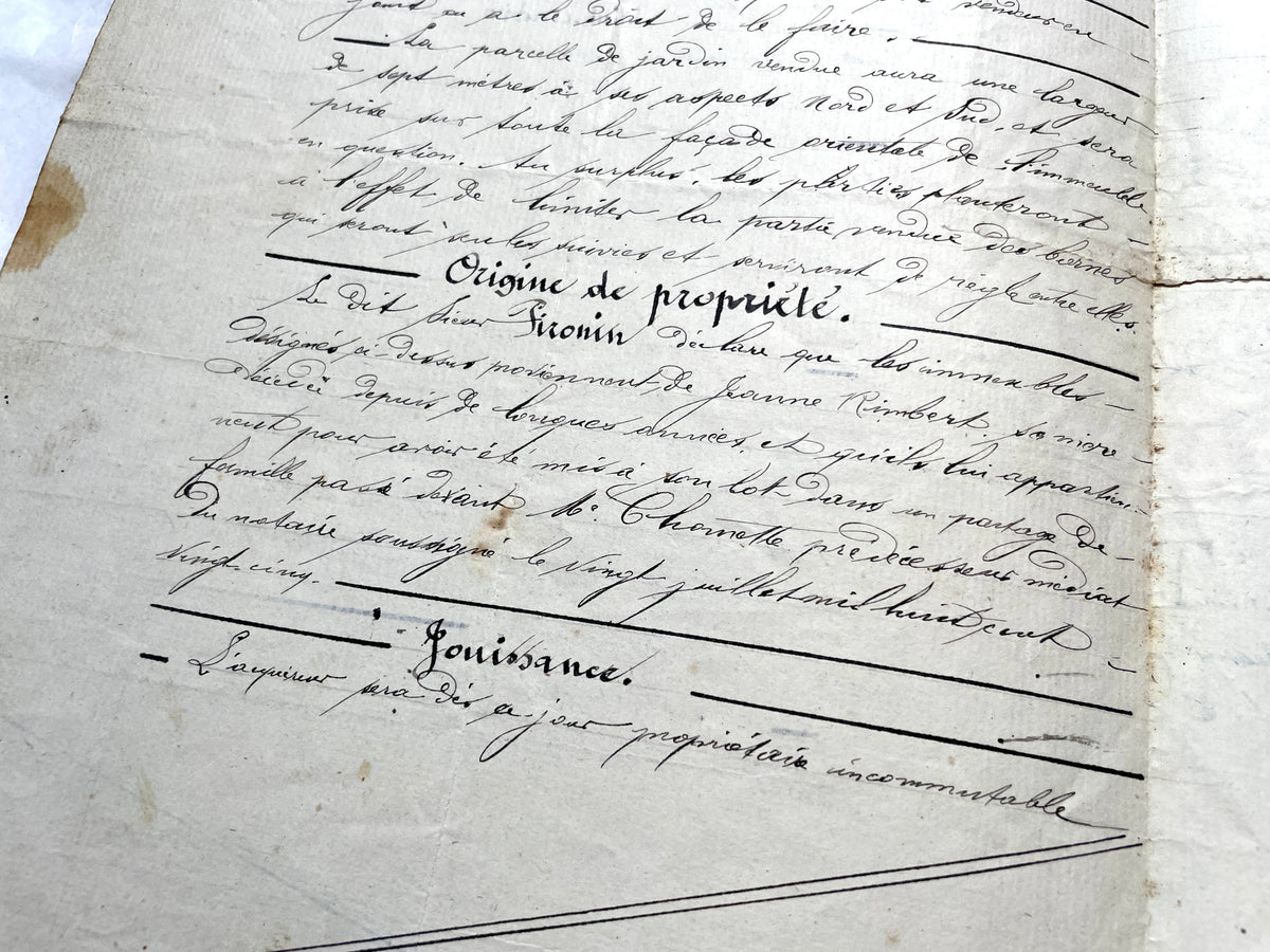 Mid 19th century French Notarial Act, dated 1868, featuring handwritten script and official stamps.