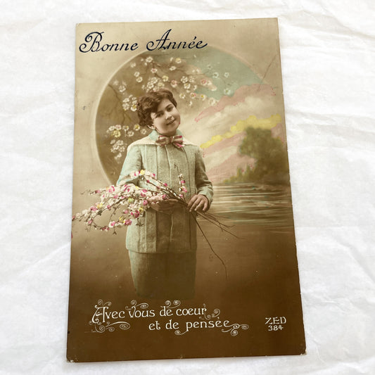 1910s - Antique French New Year Postcard - Hand-Colored Child Portrait - Cherry Blossom Floral Design - Vintage Ephemera Collectible
