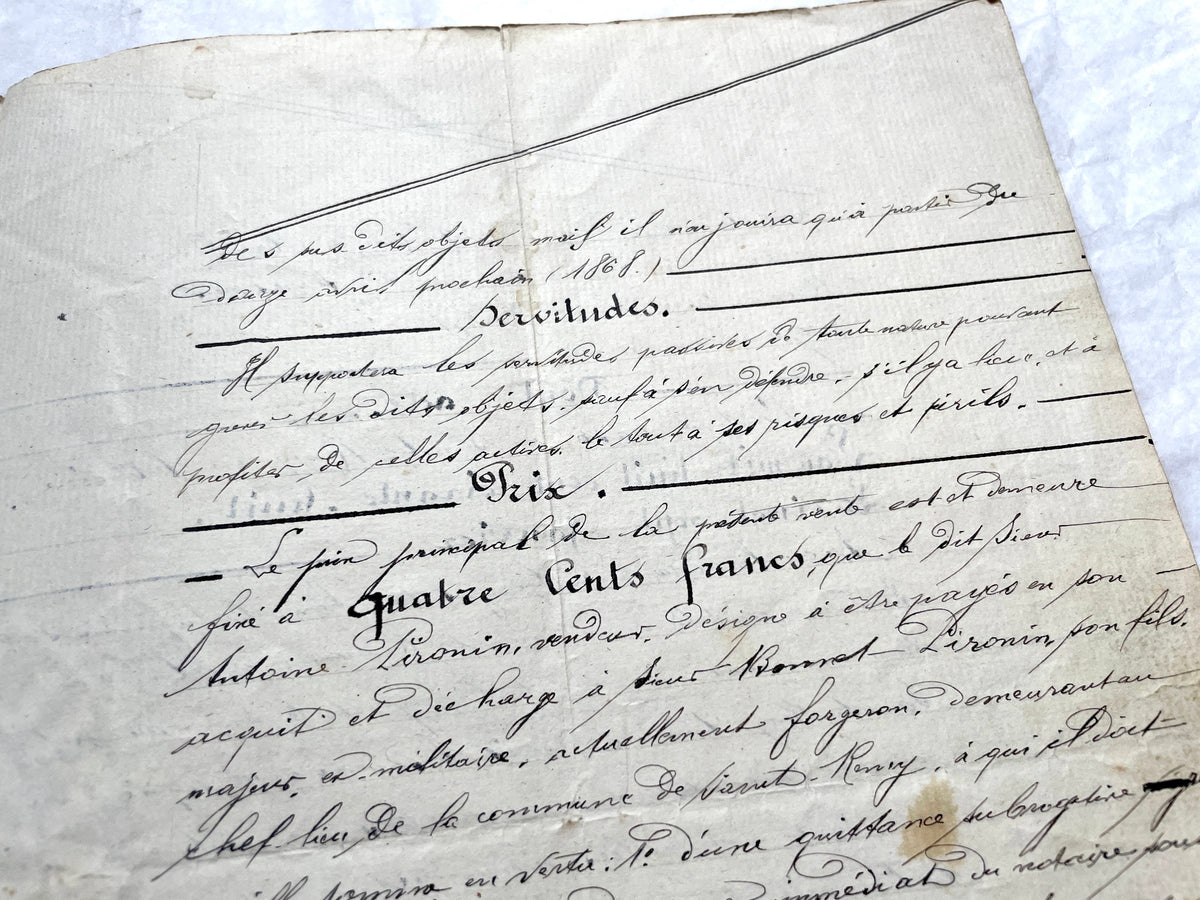 Mid 19th century French Notarial Act, dated 1868, featuring handwritten script and official stamps.