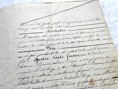 Mid 19th century French Notarial Act, dated 1868, featuring handwritten script and official stamps.