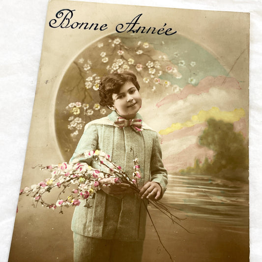 1910s - Antique French New Year Postcard - Hand-Colored Child Portrait - Cherry Blossom Floral Design - Vintage Ephemera Collectible