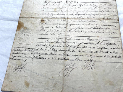 Mid 19th century French Notarial Act, dated 1868, featuring handwritten script and official stamps.