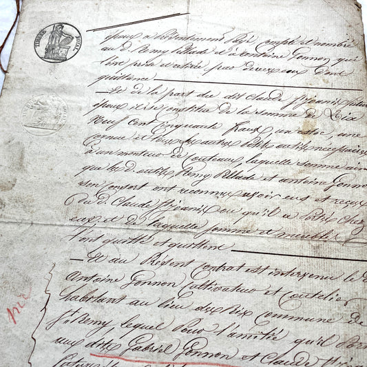 Early 19th Century French notarial act, handwritten with two royal stamps and elegant cursive script.