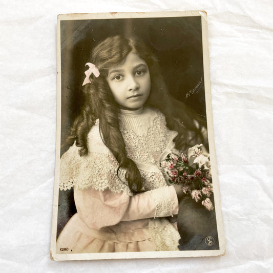 1900s - Vintage Photograph Portrait - Young Girl Pink Ribbon Flowers - Antique Child Photo - Edwardian Era Sepia Art Collectible