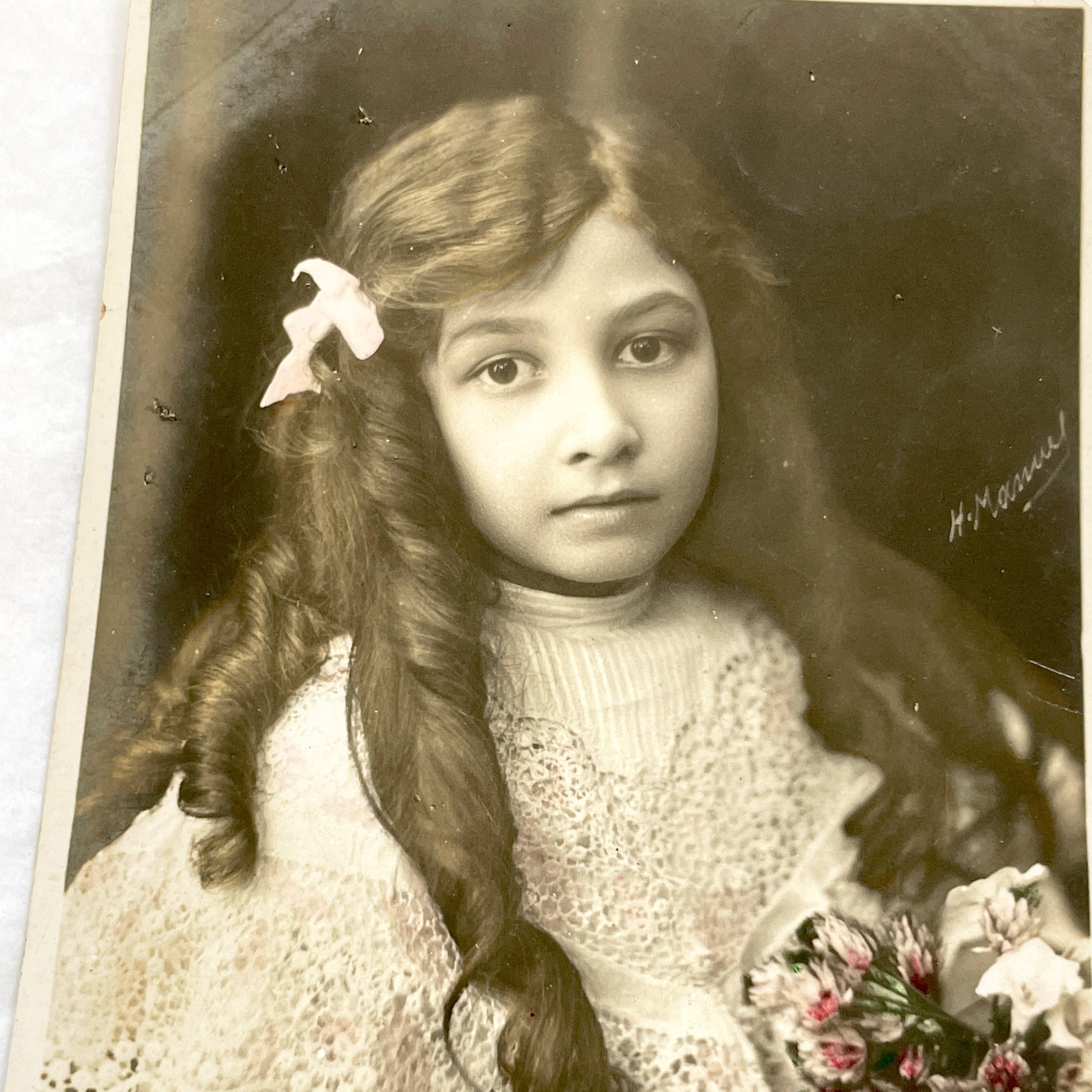 1900s - Vintage Photograph Portrait - Young Girl Pink Ribbon Flowers - Antique Child Photo - Edwardian Era Sepia Art Collectible