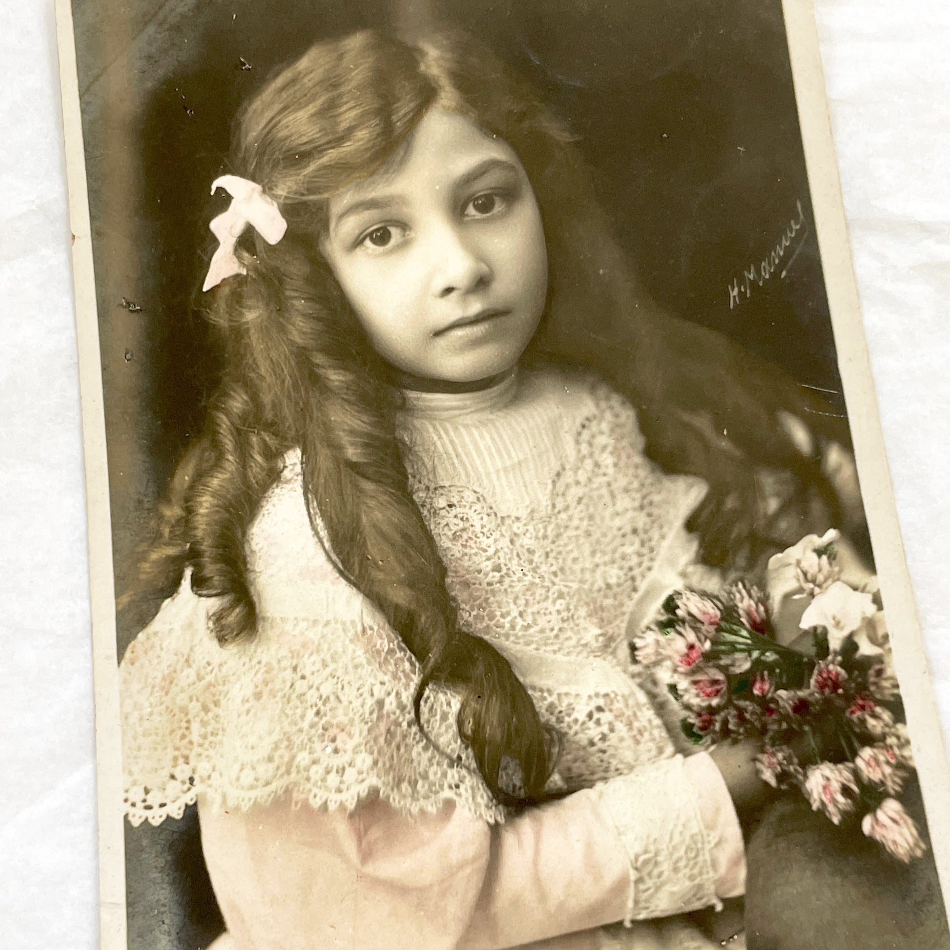 1900s - Vintage Photograph Portrait - Young Girl Pink Ribbon Flowers - Antique Child Photo - Edwardian Era Sepia Art Collectible
