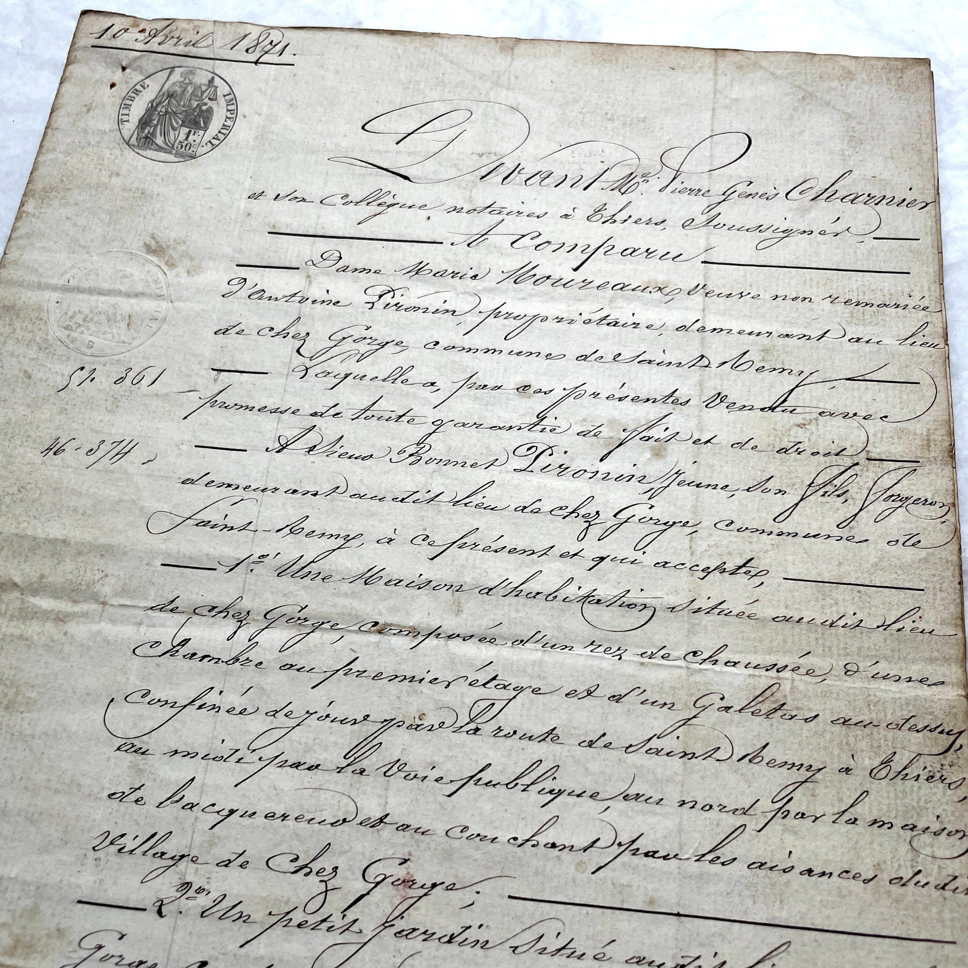 Mid 19th Century French Notarial Act from 1841 with ornate script and an Imperial stamp, a vintage legal document.