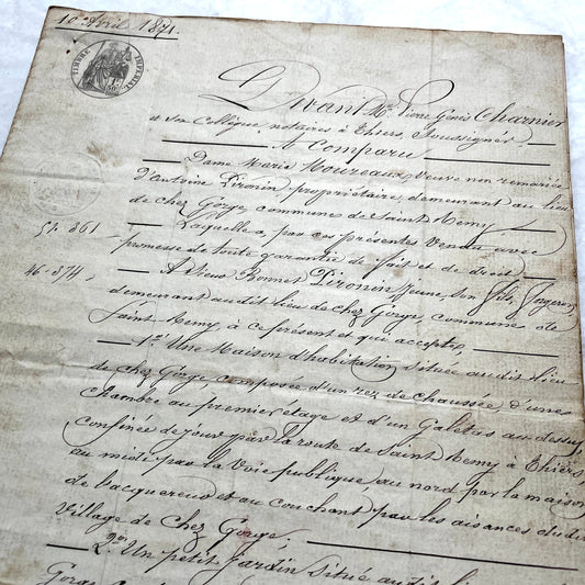 Mid 19th Century French Notarial Act from 1841 with ornate script and an Imperial stamp, a vintage legal document.