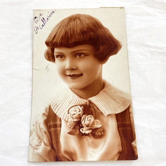 1920s - Vintage French Postcard - Sepia Girl Portrait - La Sainte Catherine - Antique Ephemera Collectible - Old Photo Card