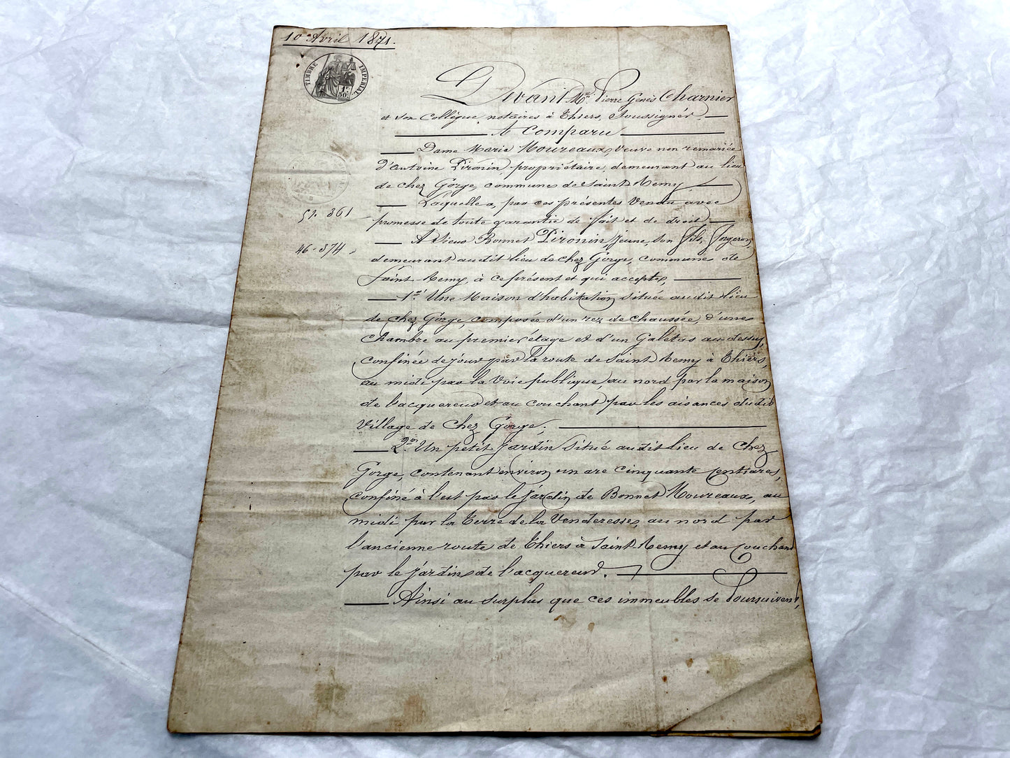 Mid 19th Century French Notarial Act from 1841 with ornate script and an Imperial stamp, a vintage legal document.