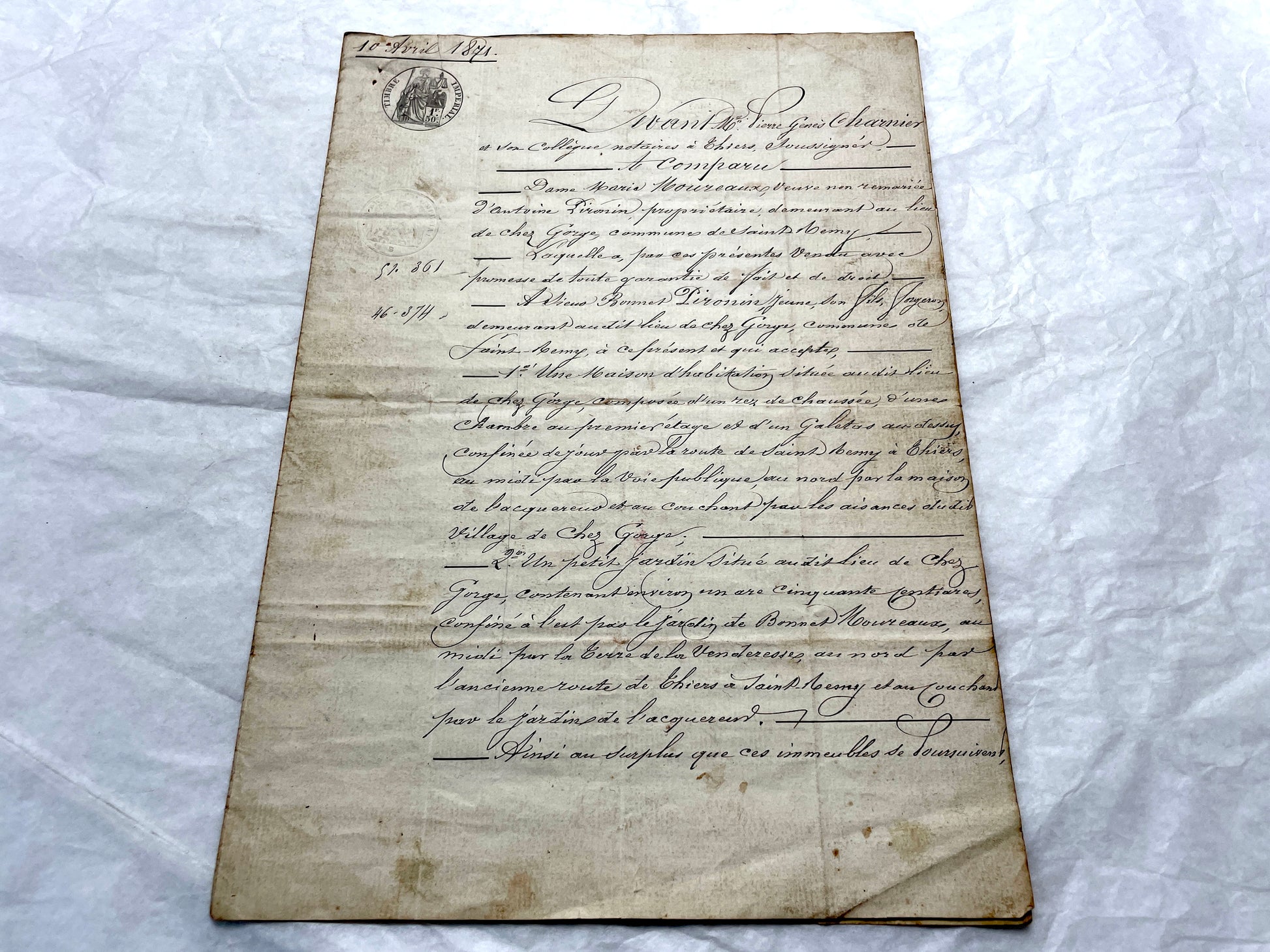 Mid 19th Century French Notarial Act from 1841 with ornate script and an Imperial stamp, a vintage legal document.
