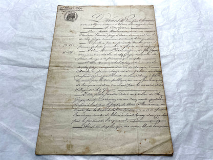 Mid 19th Century French Notarial Act from 1841 with ornate script and an Imperial stamp, a vintage legal document.