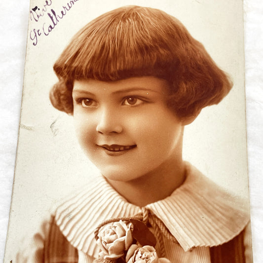 1920s - Vintage French Postcard - Sepia Girl Portrait - La Sainte Catherine - Antique Ephemera Collectible - Old Photo Card