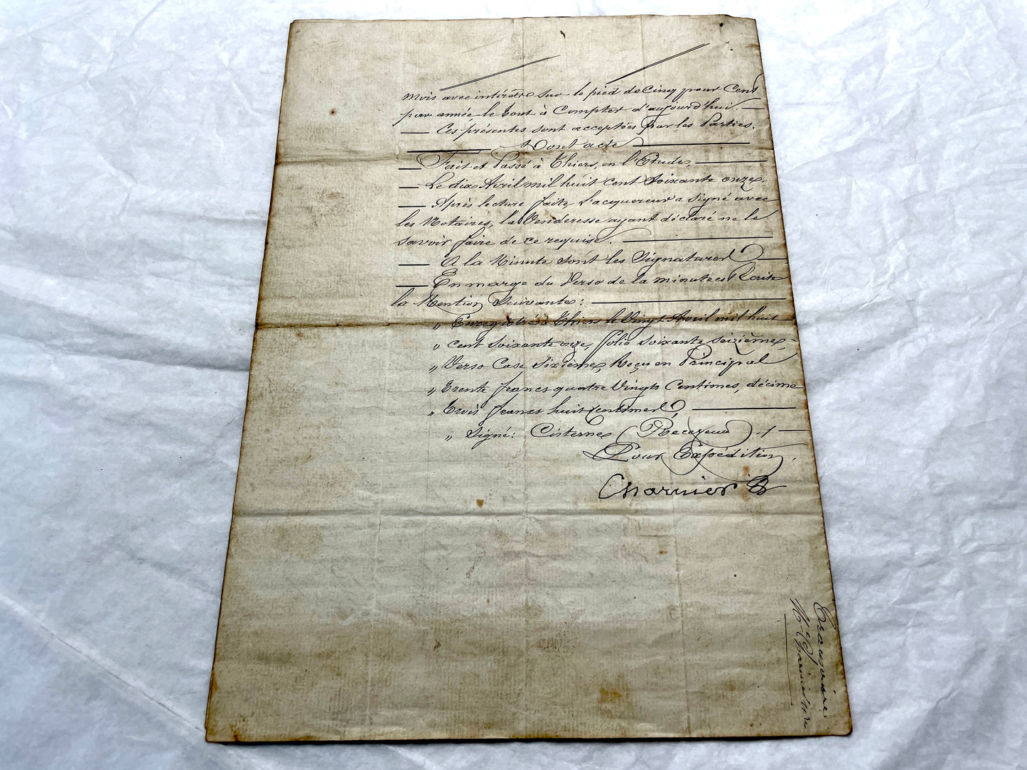 Mid 19th Century French Notarial Act from 1841 with ornate script and an Imperial stamp, a vintage legal document.
