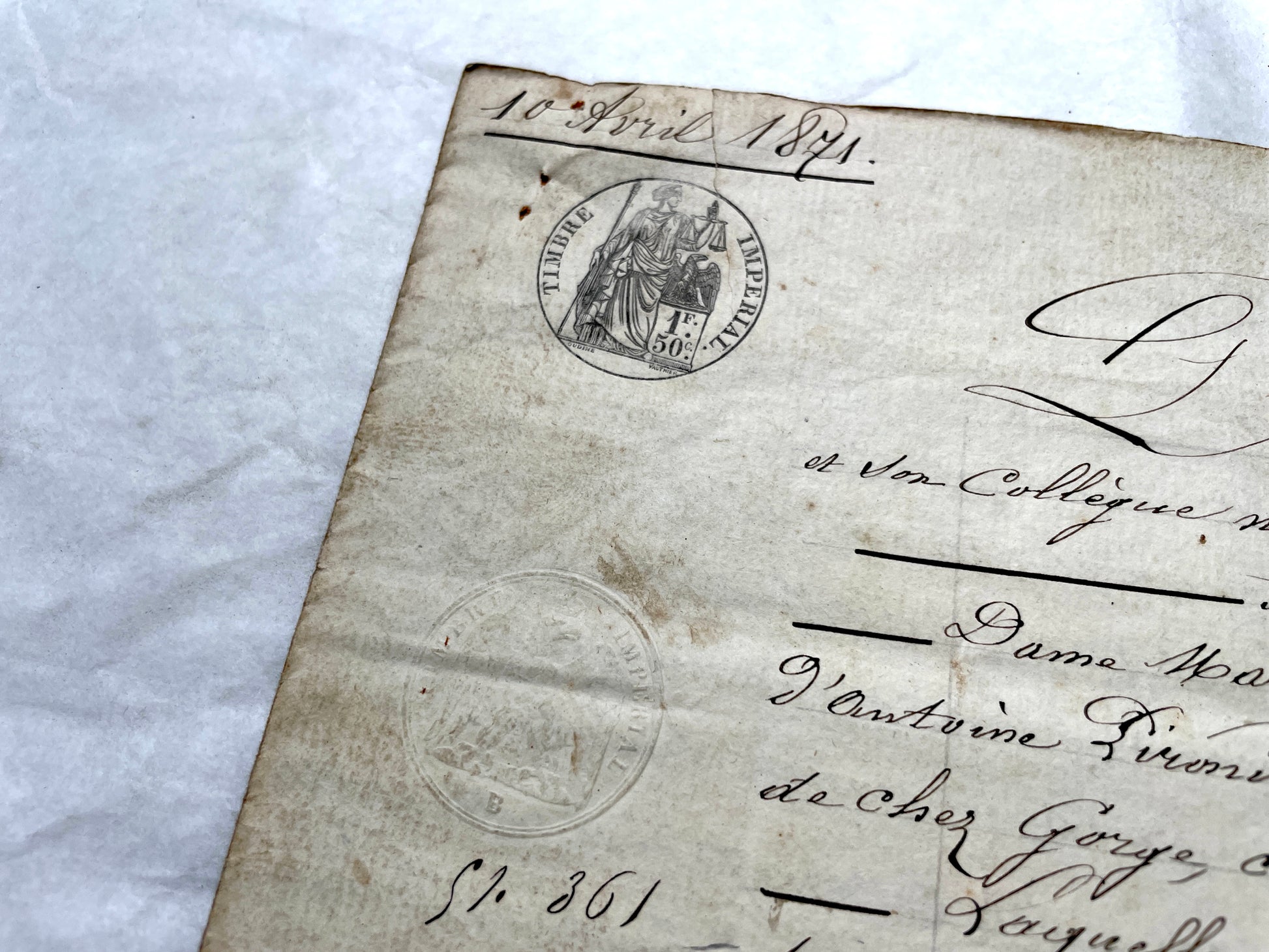 Mid 19th Century French Notarial Act from 1841 with ornate script and an Imperial stamp, a vintage legal document.