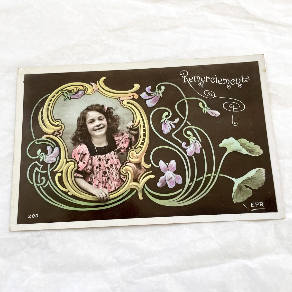 1900s - Vintage Art Nouveau Postcard - Sweet Child Portrait - Elegant Remerciements Message - Antique French Ephemera - Collectible Card