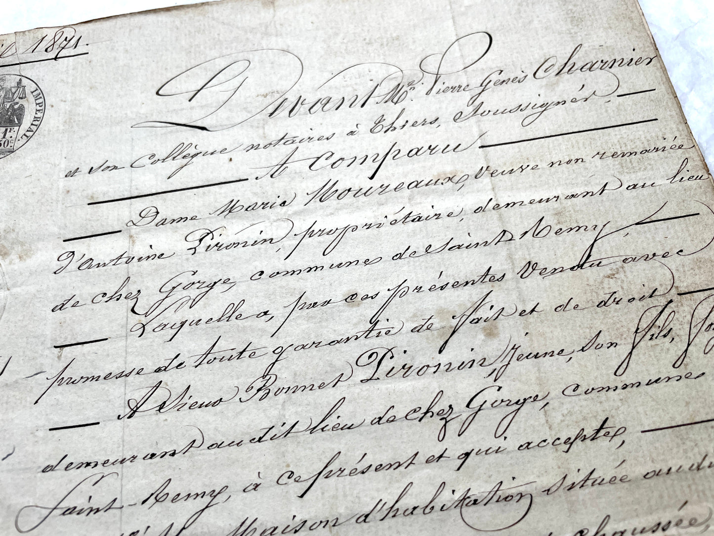 Mid 19th Century French Notarial Act from 1841 with ornate script and an Imperial stamp, a vintage legal document.