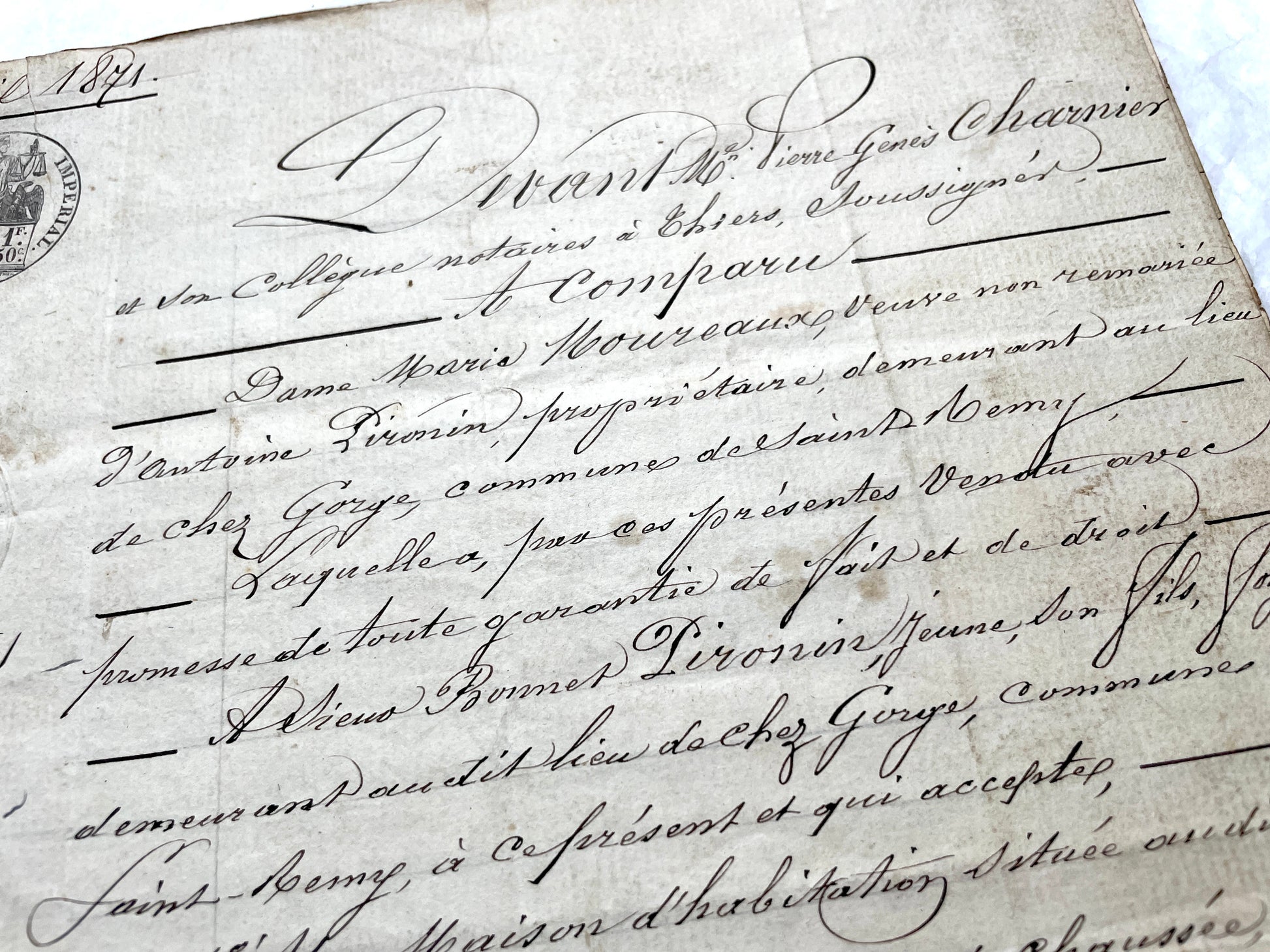 Mid 19th Century French Notarial Act from 1841 with ornate script and an Imperial stamp, a vintage legal document.