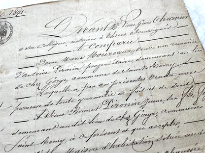 Mid 19th Century French Notarial Act from 1841 with ornate script and an Imperial stamp, a vintage legal document.