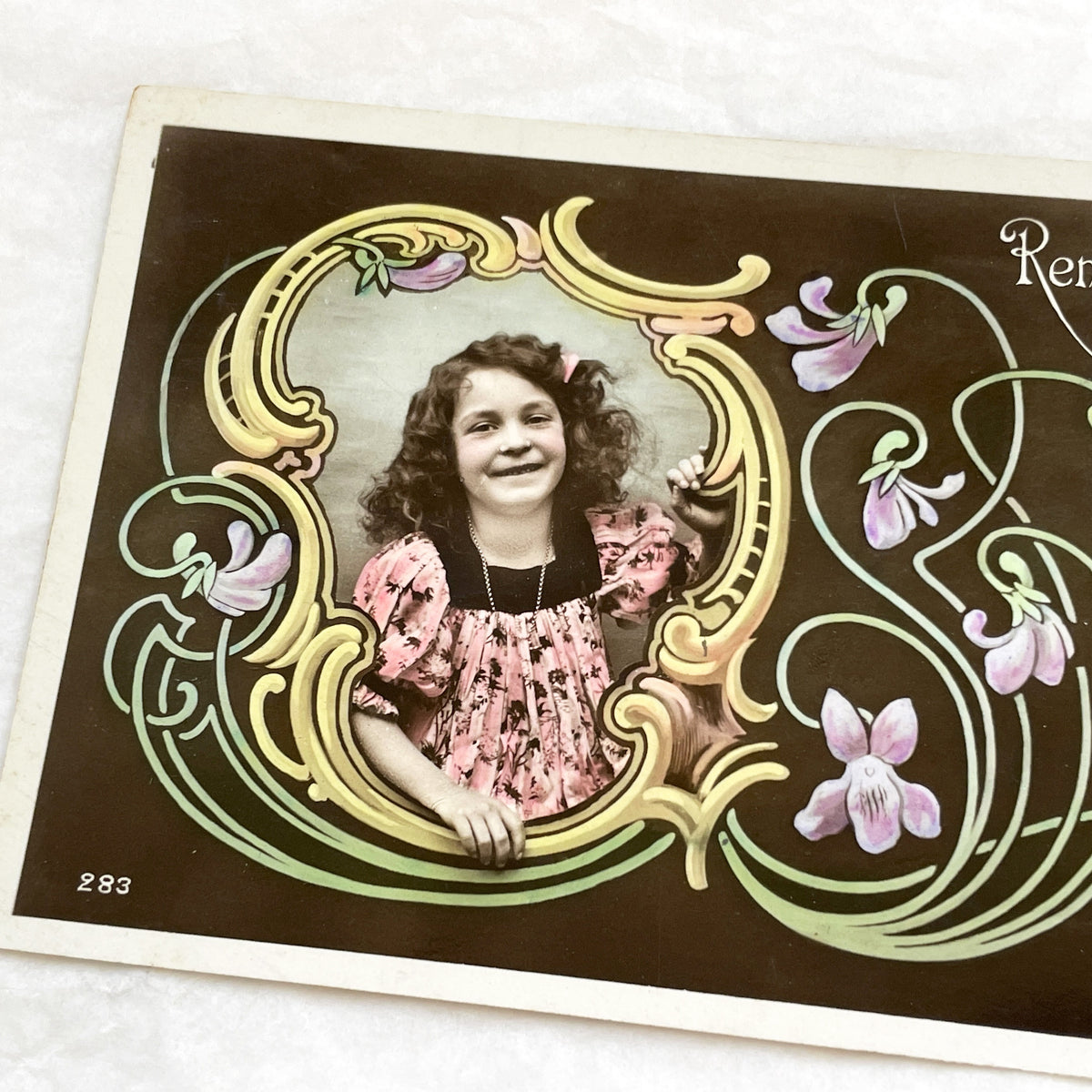 1900s - Vintage Art Nouveau Postcard - Sweet Child Portrait - Elegant Remerciements Message - Antique French Ephemera - Collectible Card