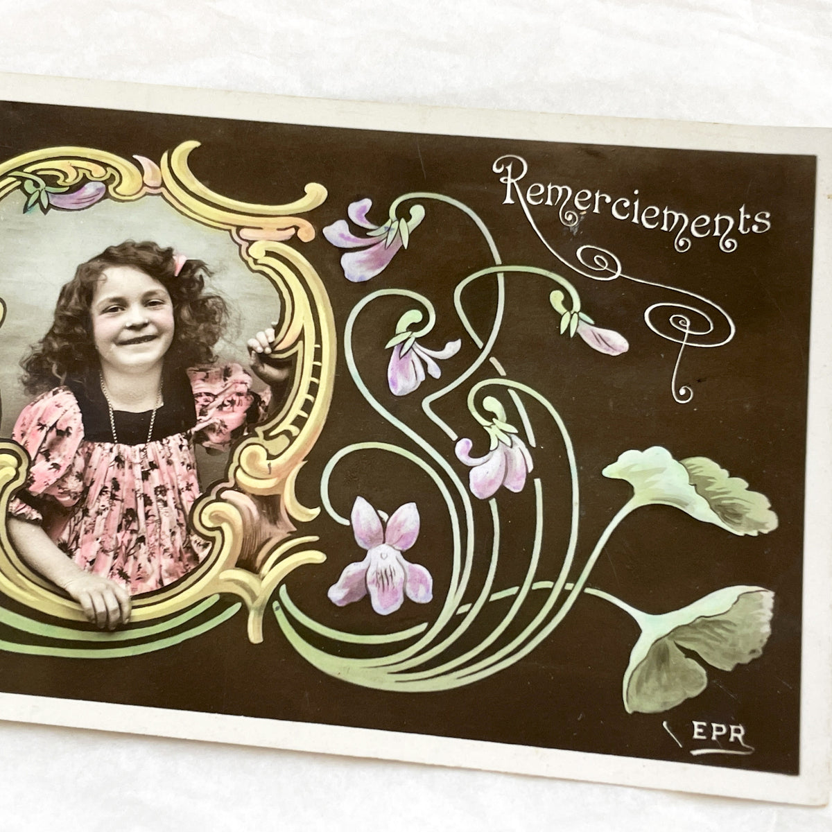 1900s - Vintage Art Nouveau Postcard - Sweet Child Portrait - Elegant Remerciements Message - Antique French Ephemera - Collectible Card