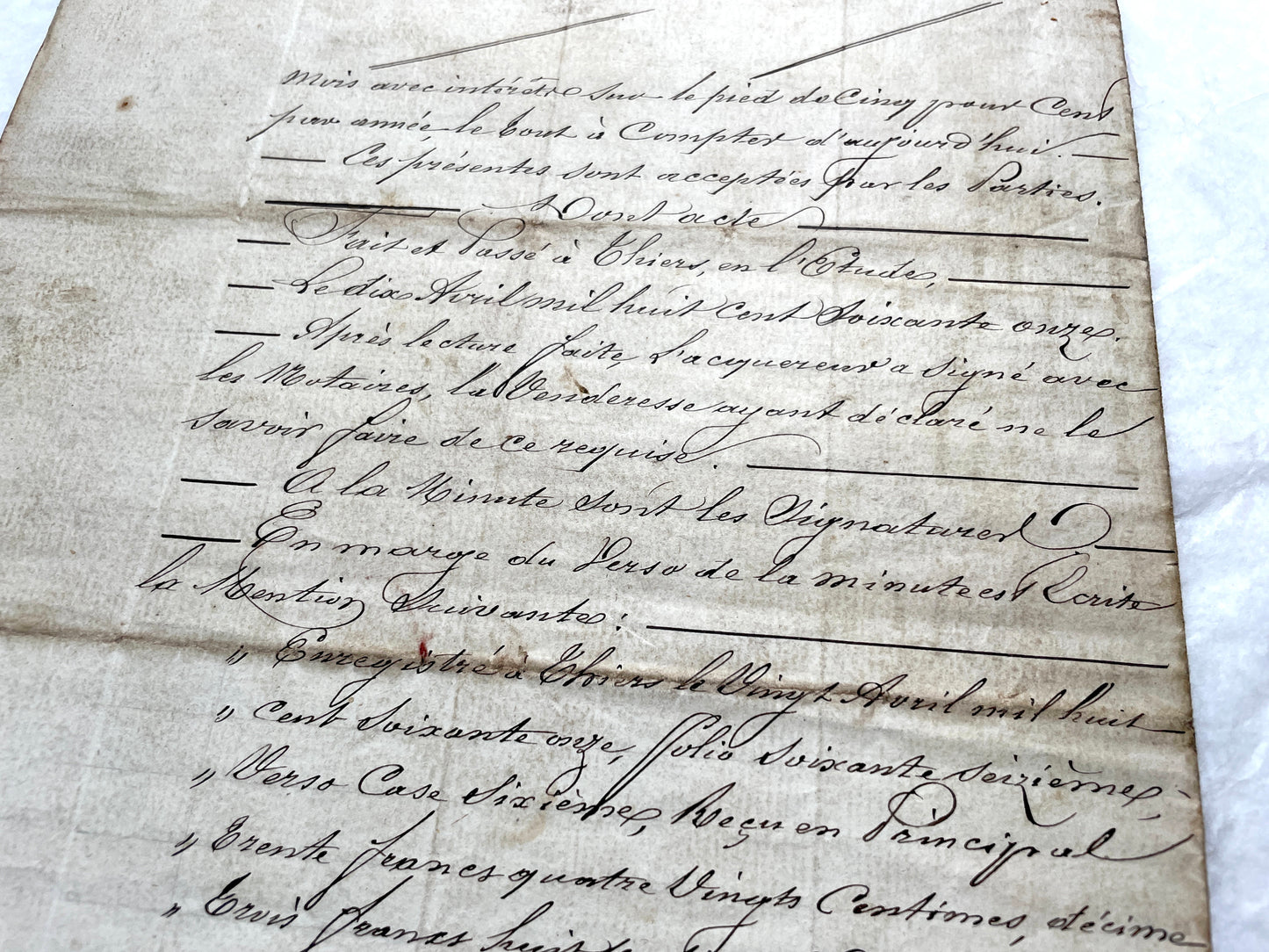 Mid 19th Century French Notarial Act from 1841 with ornate script and an Imperial stamp, a vintage legal document.