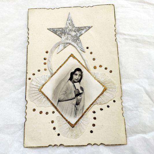 1920s - Vintage First Communion Card - Original Photo - Young Girl Religious Keepsake - Antique Handmade Paper Ephemera - Silver Star