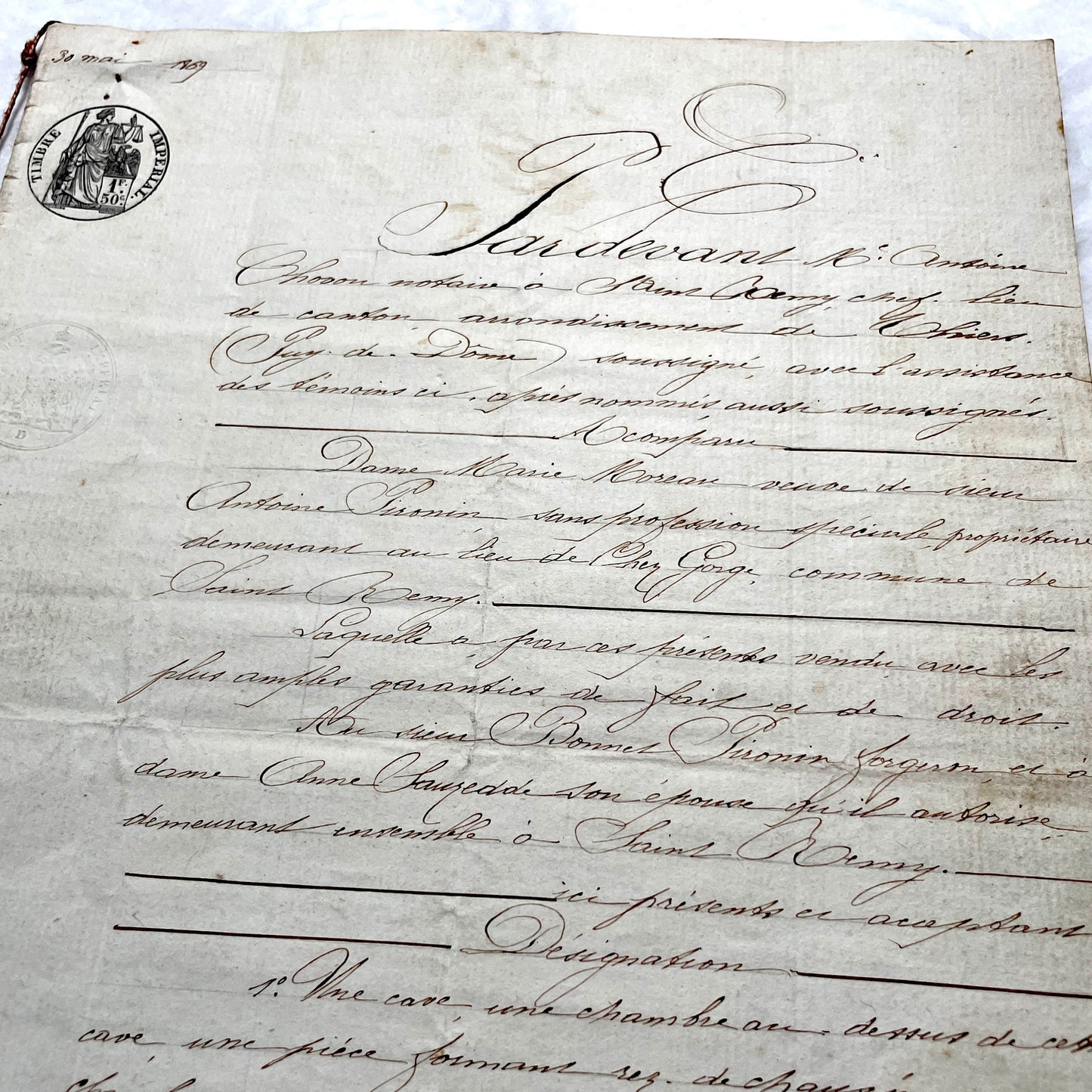 Late 19th Century French Notarial Act document with elegant calligraphy and an official Timbre Impérial stamp.