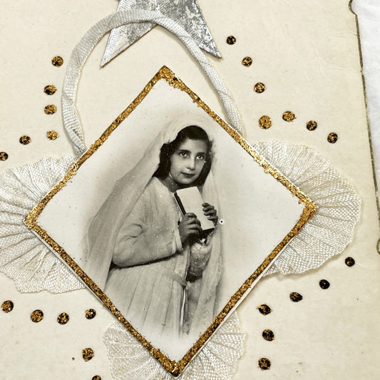 1920s - Vintage First Communion Card - Original Photo - Young Girl Religious Keepsake - Antique Handmade Paper Ephemera - Silver Star