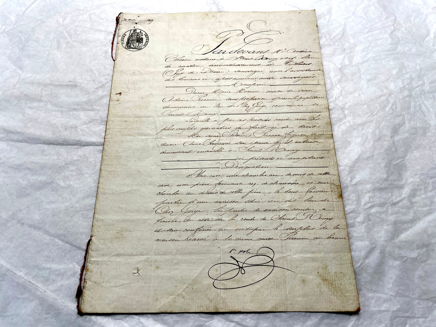 Late 19th Century French Notarial Act document with elegant calligraphy and an official Timbre Impérial stamp.