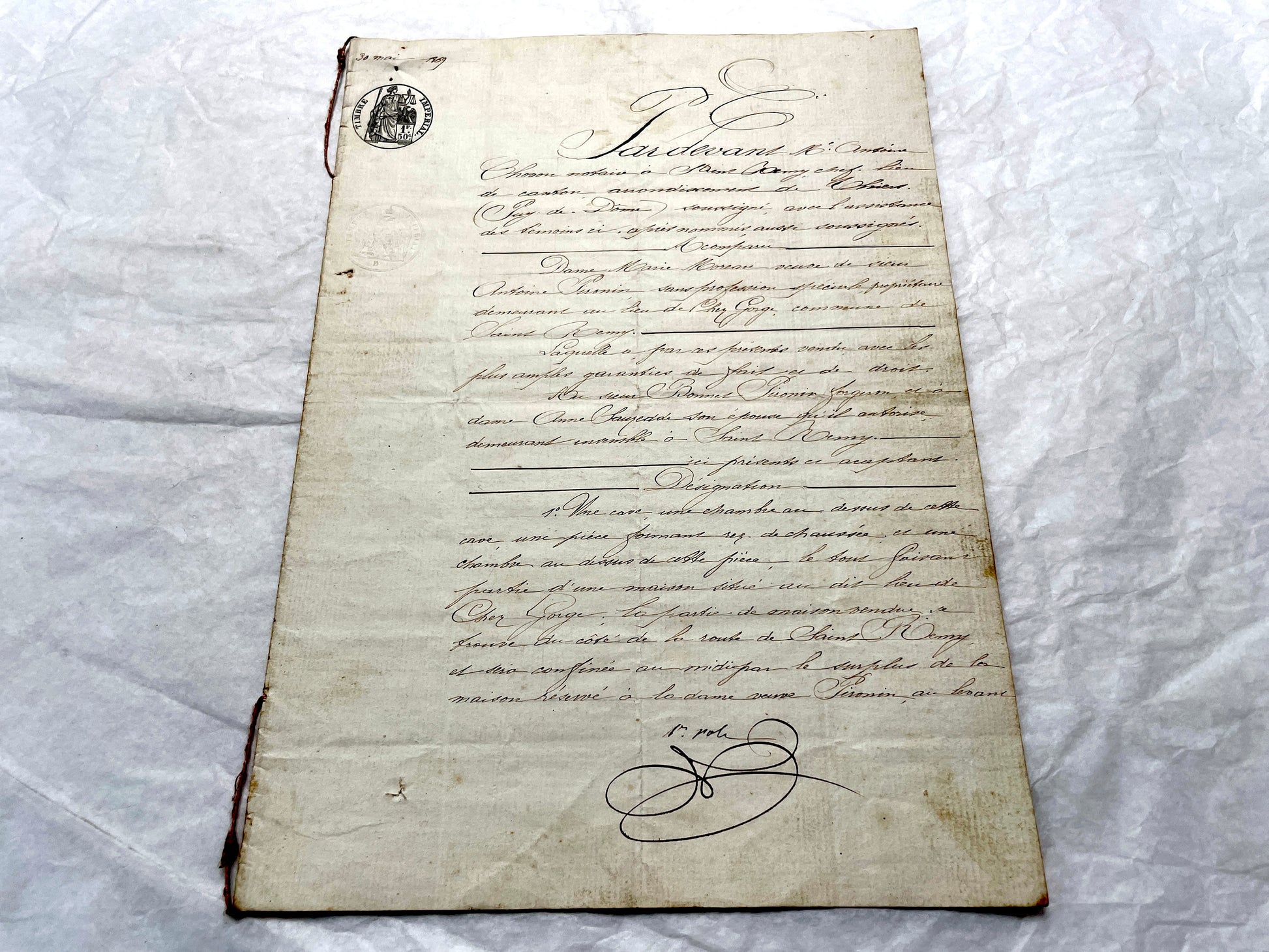 Late 19th Century French Notarial Act document with elegant calligraphy and an official Timbre Impérial stamp.