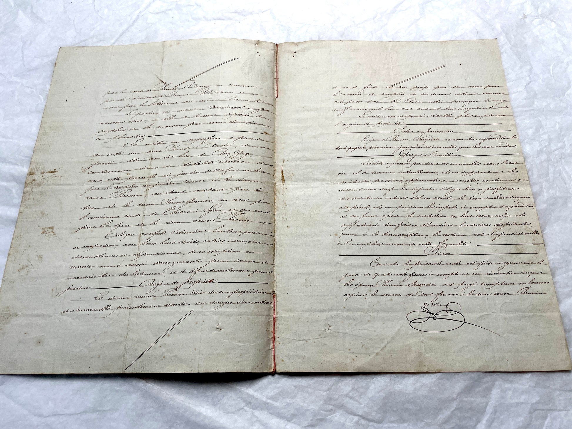 Late 19th Century French Notarial Act document with elegant calligraphy and an official Timbre Impérial stamp.