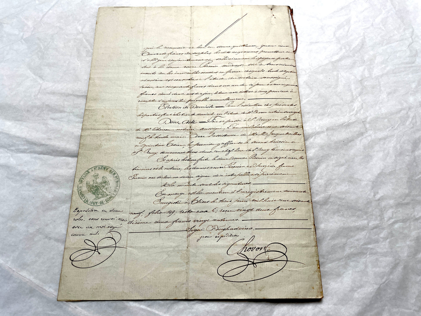 Late 19th Century French Notarial Act document with elegant calligraphy and an official Timbre Impérial stamp.