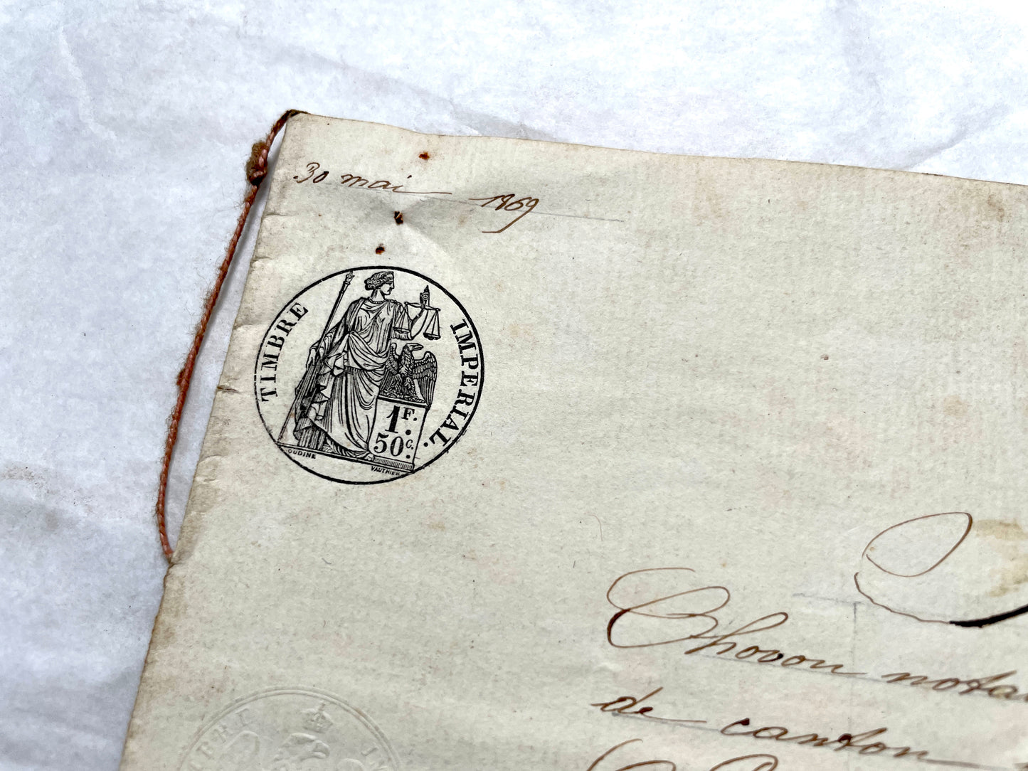Late 19th Century French Notarial Act document with elegant calligraphy and an official Timbre Impérial stamp.