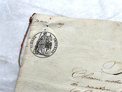 Late 19th Century French Notarial Act document with elegant calligraphy and an official Timbre Impérial stamp.