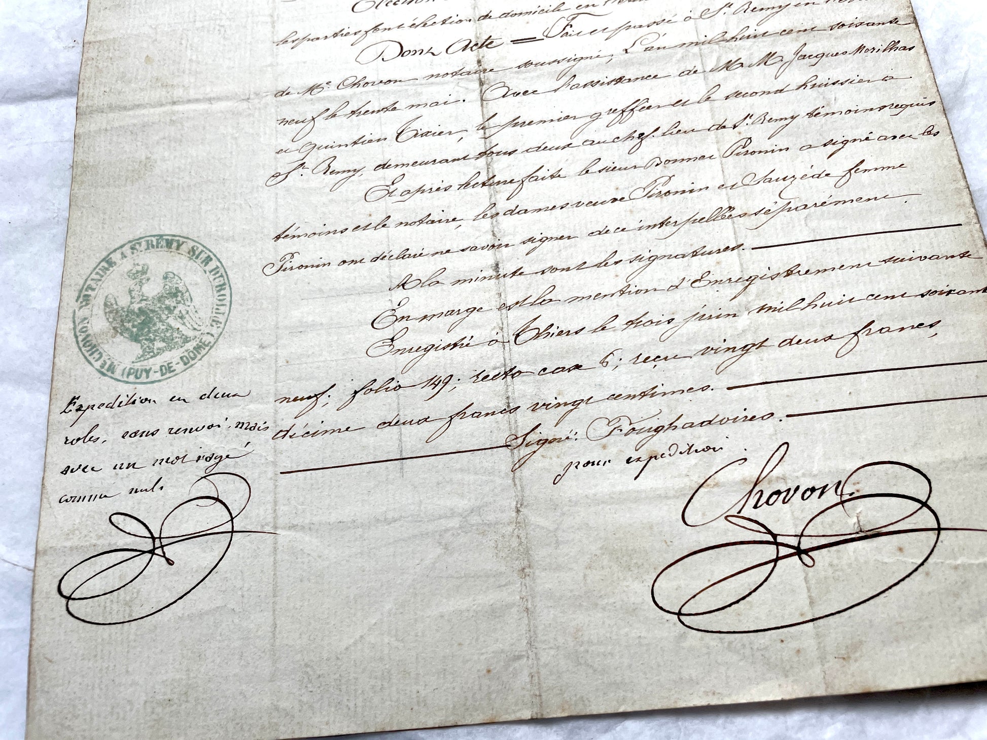Late 19th Century French Notarial Act document with elegant calligraphy and an official Timbre Impérial stamp.
