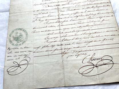 Late 19th Century French Notarial Act document with elegant calligraphy and an official Timbre Impérial stamp.