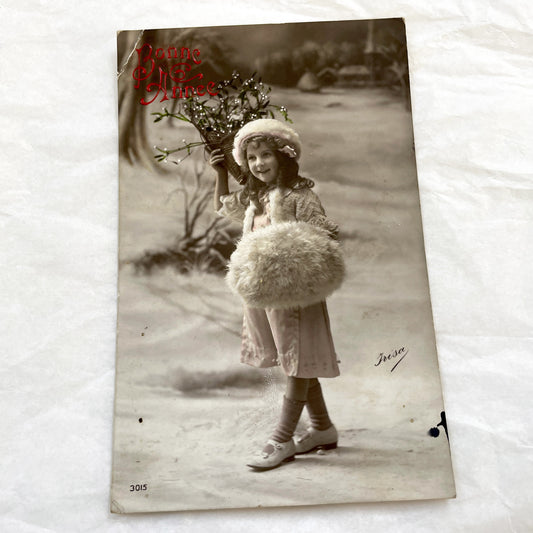 1900s - Antique French New Year Postcard - Young Girl in Fur - Hand-Tinted - Vintage Child Portrait - Winter Scene - Holiday Greeting Card