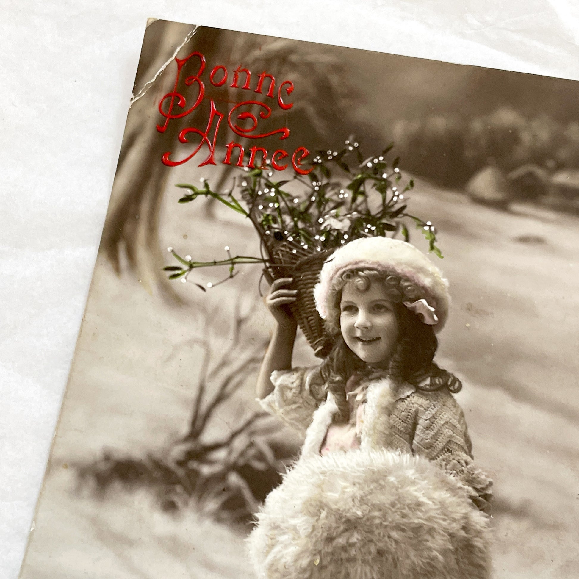 1900s - Antique French New Year Postcard - Young Girl in Fur - Hand-Tinted - Vintage Child Portrait - Winter Scene - Holiday Greeting Card