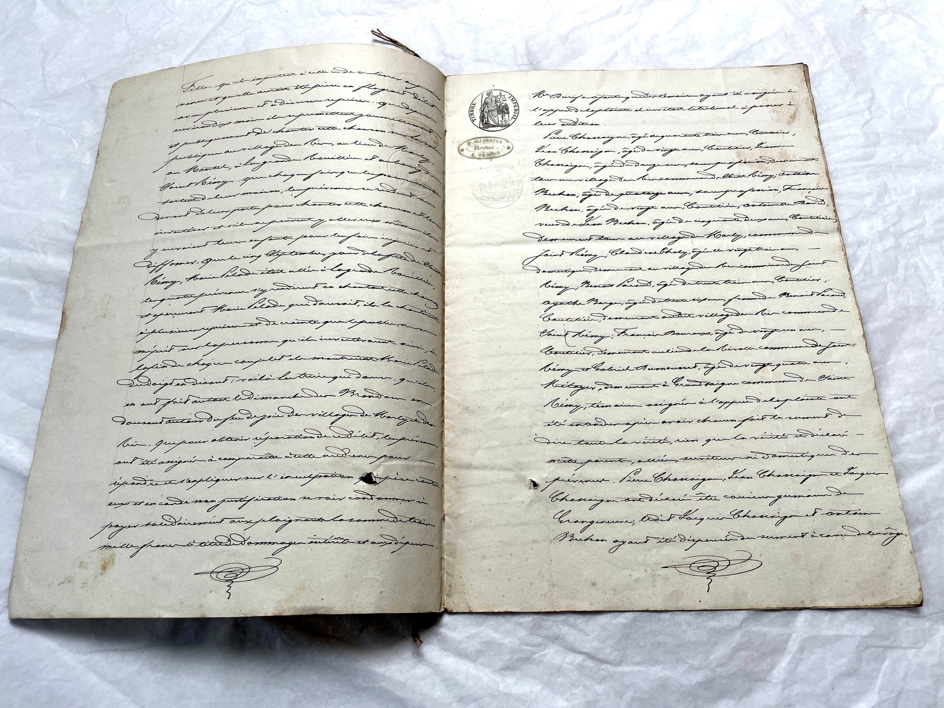 1800s French notarial act with handwritten text and imperial seals featuring a figure of justice and an eagle.