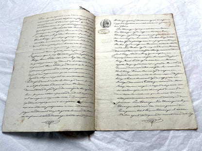 1800s French notarial act with handwritten text and imperial seals featuring a figure of justice and an eagle.
