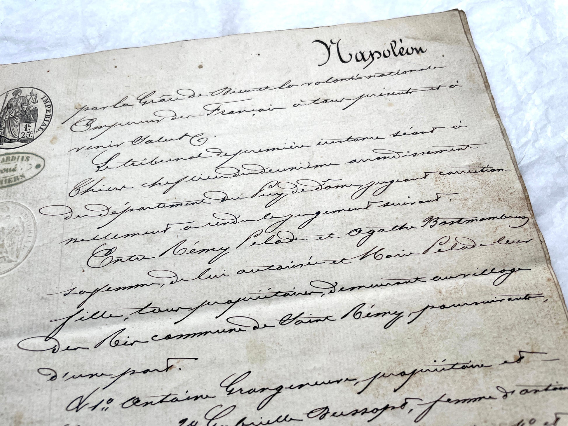 1800s French notarial act with handwritten text and imperial seals featuring a figure of justice and an eagle.