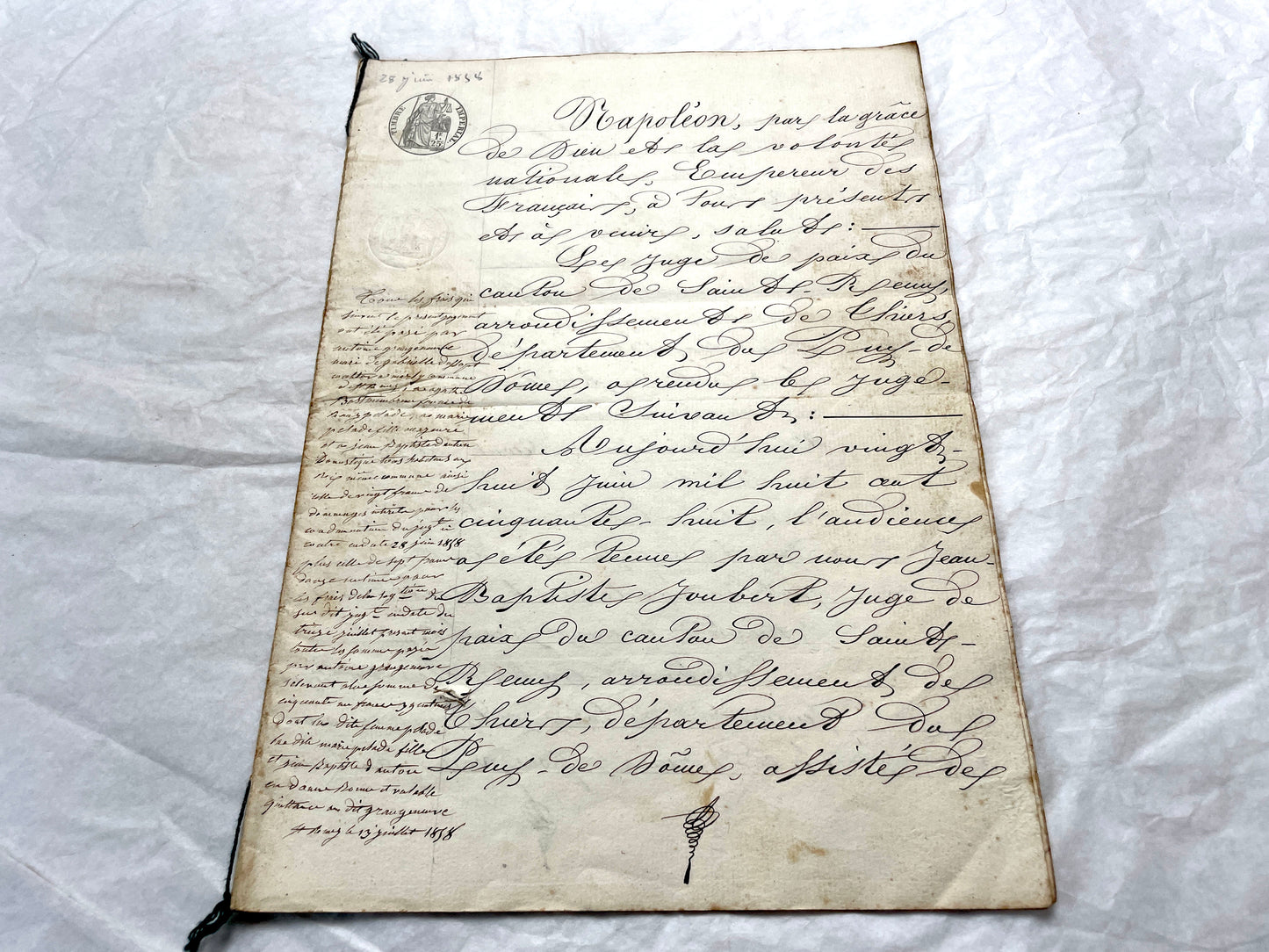Mid 19th Century French notarial act, 1858, with elegant script and Imperial stamp featuring Justice figure.