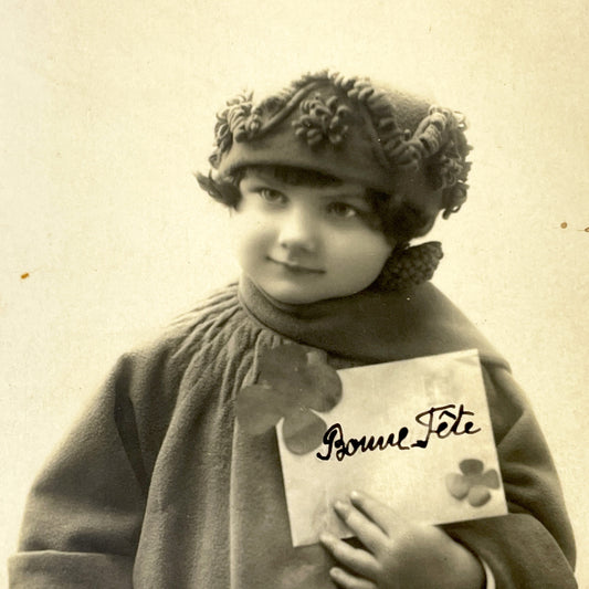 1910s - Vintage French Postcard - Young Girl Portrait - Bonne Fête Greeting Card - Sepia Tone Child Photo - Ephemera Collectible