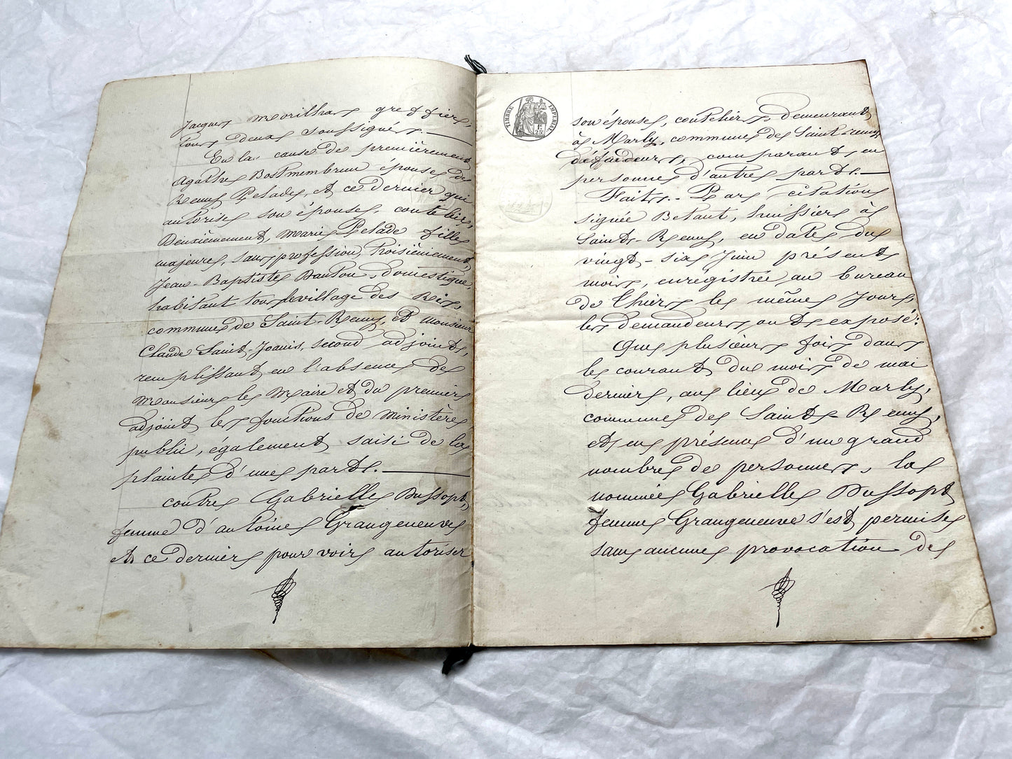 Mid 19th Century French notarial act, 1858, with elegant script and Imperial stamp featuring Justice figure.