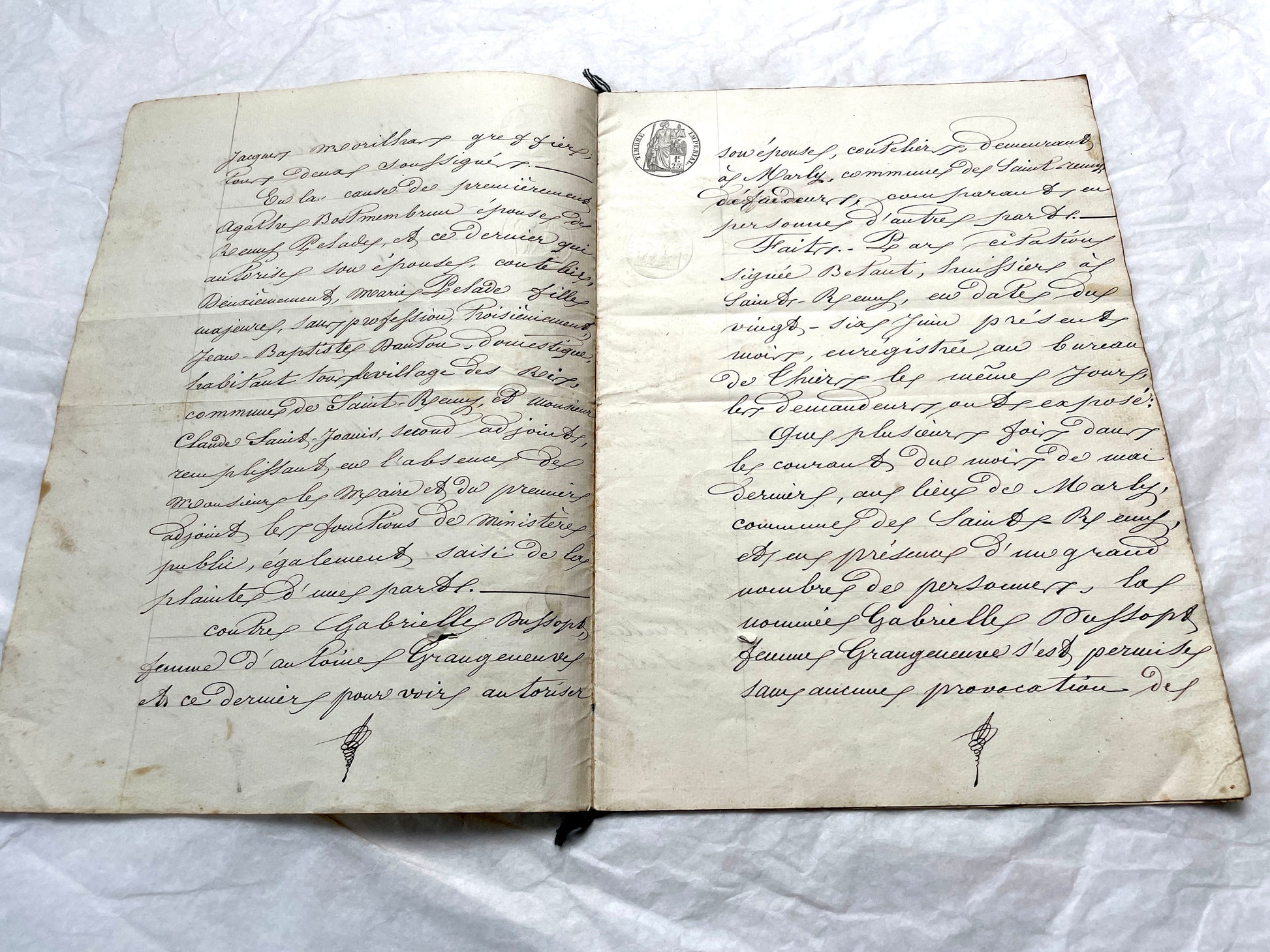 Mid 19th Century French notarial act, 1858, with elegant script and Imperial stamp featuring Justice figure.