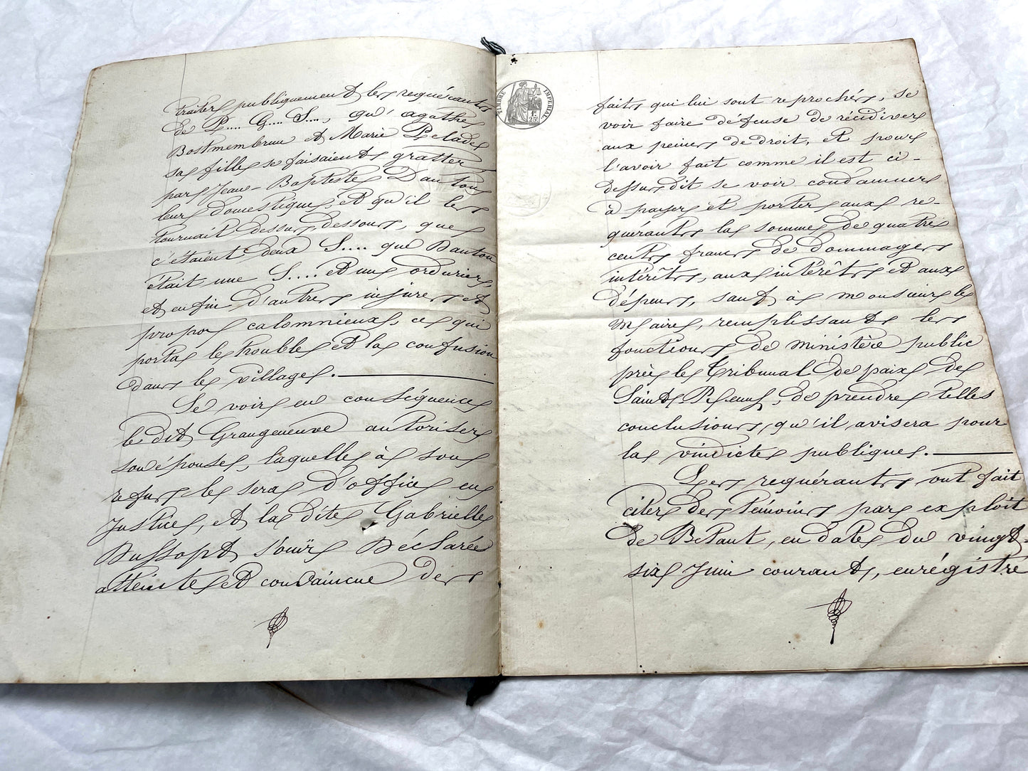 Mid 19th Century French notarial act, 1858, with elegant script and Imperial stamp featuring Justice figure.