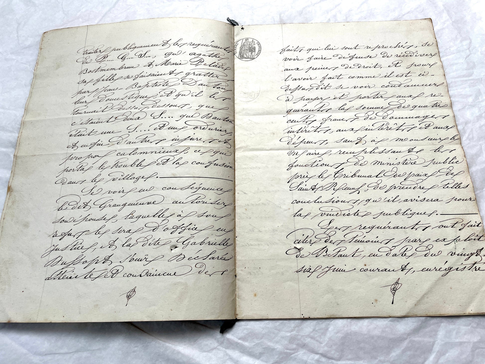 Mid 19th Century French notarial act, 1858, with elegant script and Imperial stamp featuring Justice figure.